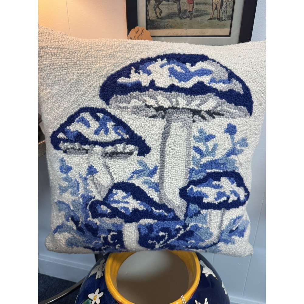 Peking Handicraft "Blue Chinoiserie Mushroom" Hooked Wool Pillow‎ – 18"x18